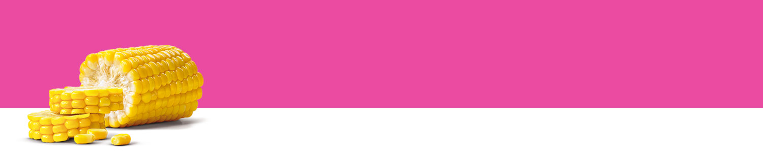 A corn cob with kernels is presented against a pink background.