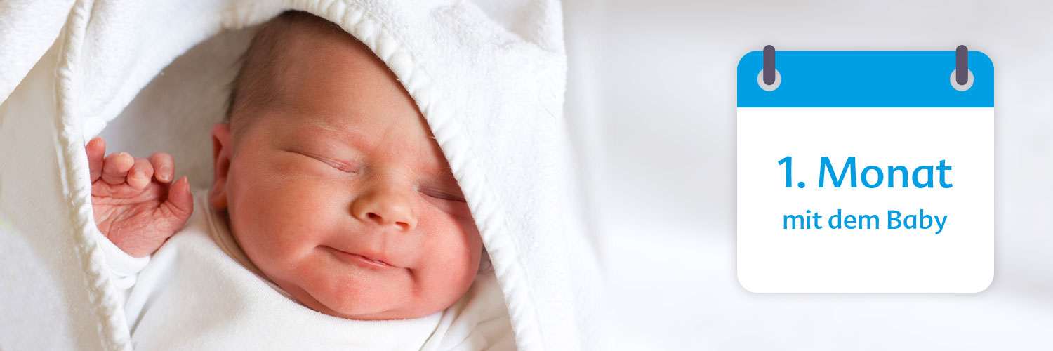 A baby wrapped in a white cloth is shown alongside a calendar page that reads "1. Monat mit dem Baby" in German.