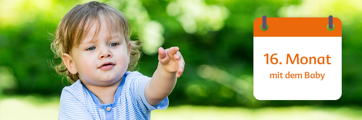 A toddler in a blue-striped shirt is pointing towards the right, with a calendar icon to the right displaying '16. Monat mit dem Baby' in German.