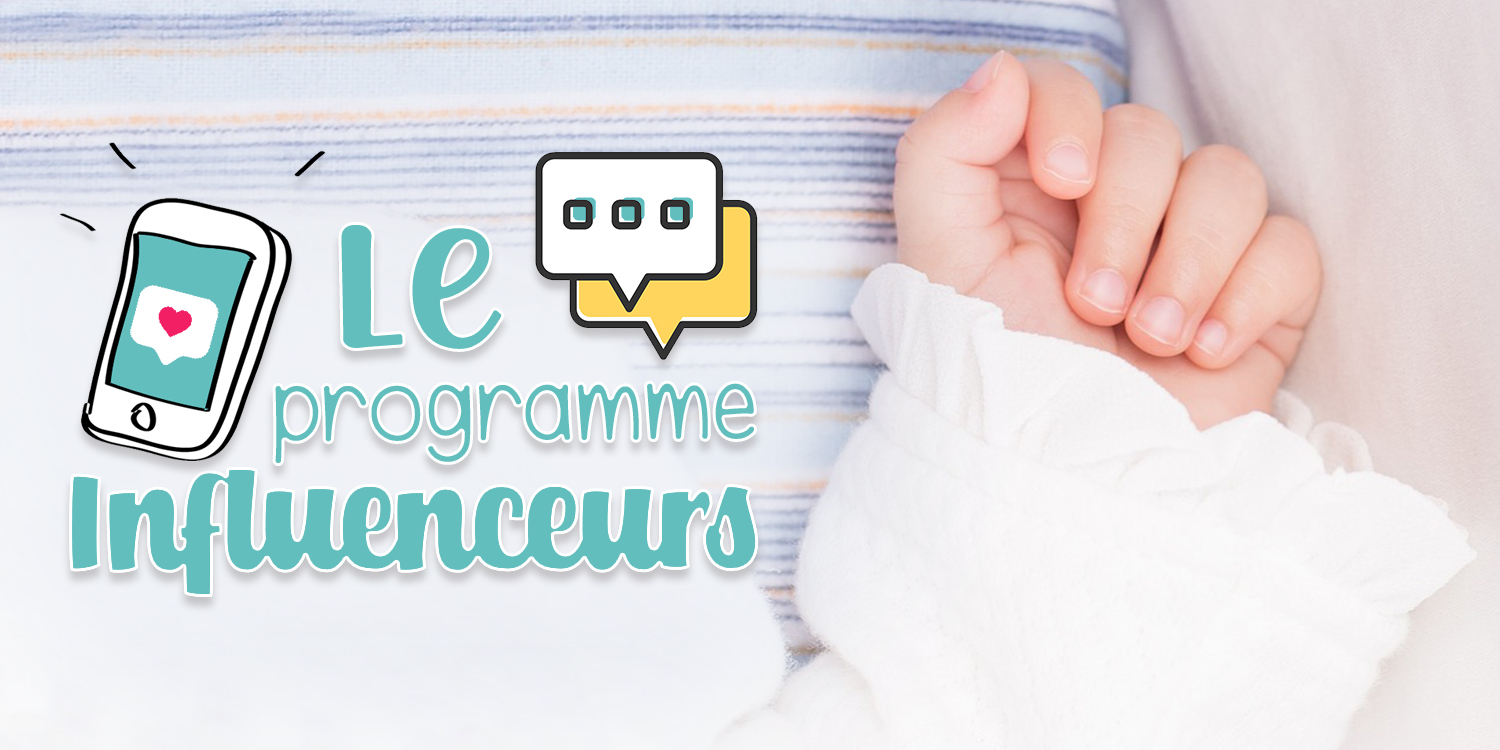 Une main est représentée à côté d'un téléphone portable affichant une icône de cœur, avec le texte "Le programme Influencours" écrit en lettres stylisées.