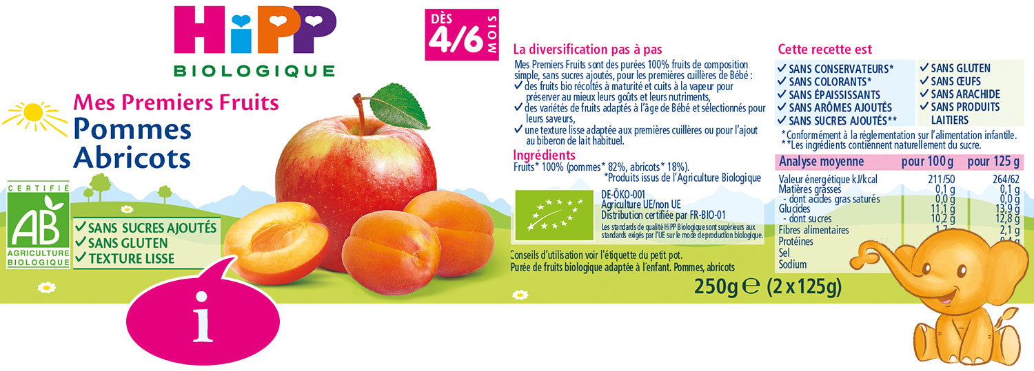 Étiquette d'un produit alimentaire pour bébés appelé "Mes premiers fruits pommes abricots" par Hipp biologique, qui est un mélange de pommes et d'abricots. L'étiquette comprend des informations nutritionnelles, des ingrédients et des logos de certification.