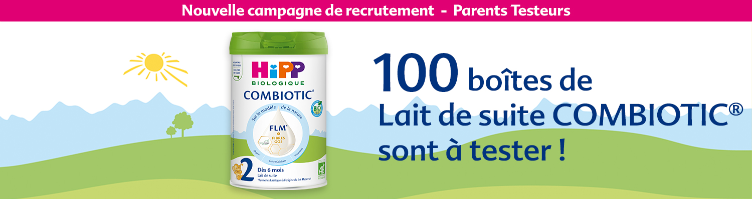 Une bannière promotionnelle pour un produit de lait maternisé, avec un appel à l'action pour que les parents participent à une campagne de test.