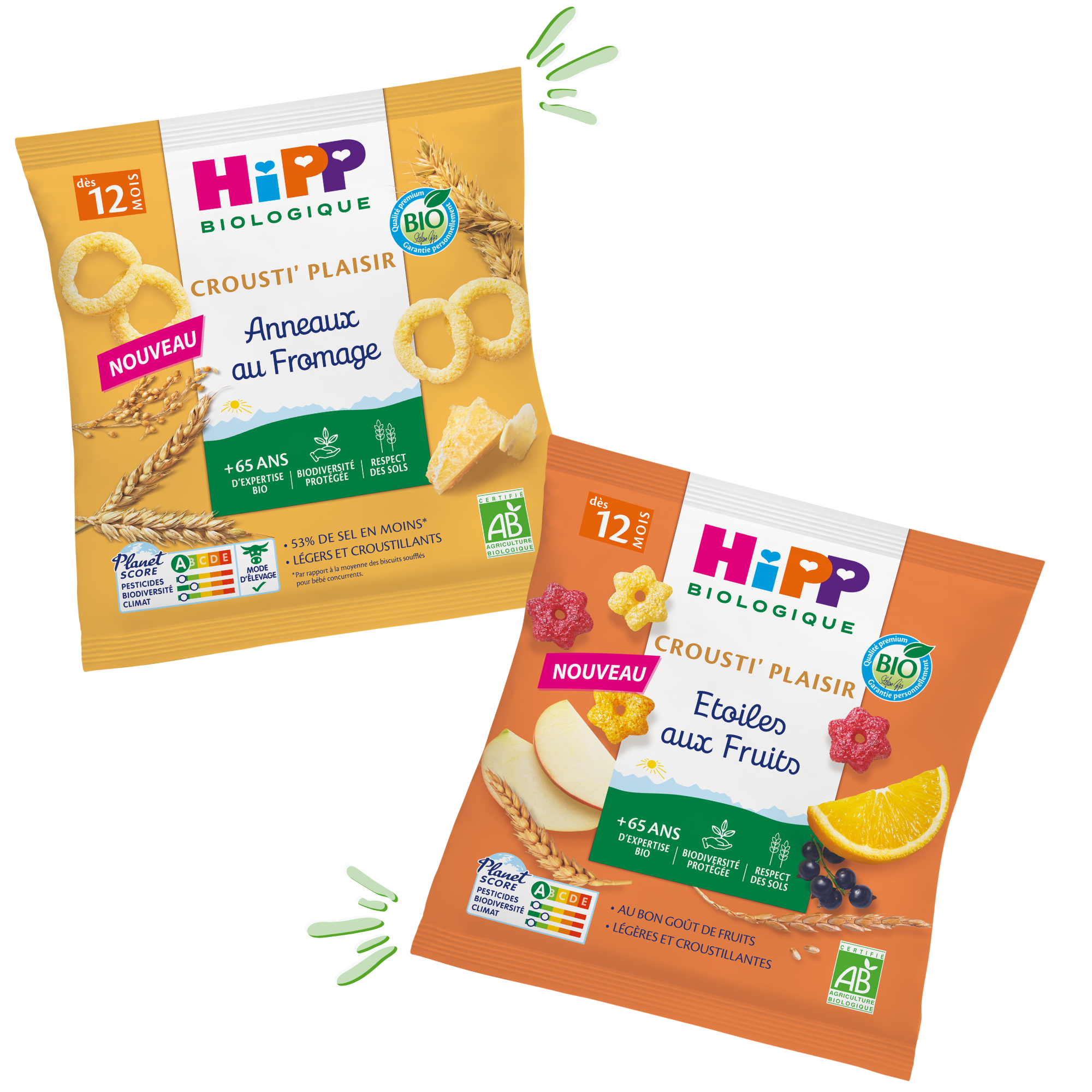 Photo des packagings : Anneaux au fromage et étoiles aux fruits