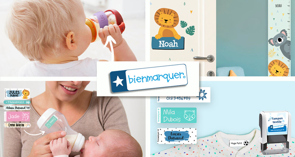 Divers produits et accessoires liés au bébé, dont un biberon, une courbe de croissance et un timbre.
