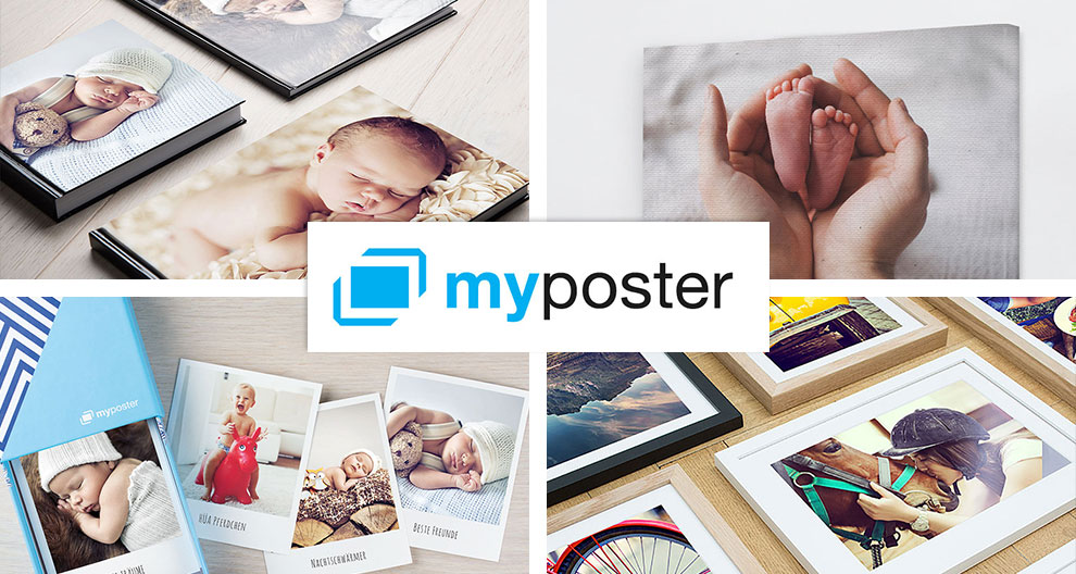 Un collage de diverses photographies, notamment de bébés, de la nature et de la vie quotidienne, présentées sur différents produits tels que des livres, des toiles et des cartes photo, avec le logo central de myposter.