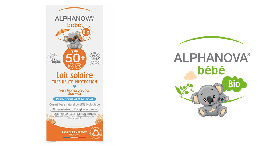 Un produit de protection solaire pour bébés avec une illustration de koala et le nom de marque "Alphanova bebe".