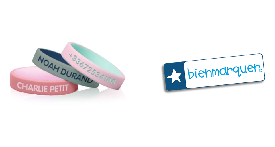 Trois bracelets avec des noms et des numéros de téléphone sont empilés les uns sur les autres, à côté d'un logo avec une étoile et le texte "bienmarquer".