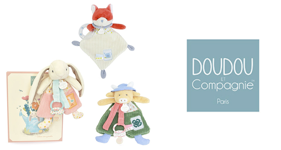 Trois peluches, un renard, un lapin et un ours, sont présentées avec, en arrière-plan, le logo de "Doudou et Compagnie Paris".