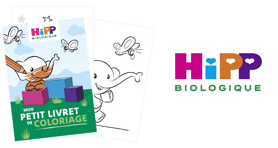 Un livre de coloriage intitulé "Mon Petit Livret de Coloriage" par Hipp Biologique présente un adorable éléphant entouré de papillons, dont une page n'est pas coloriée.