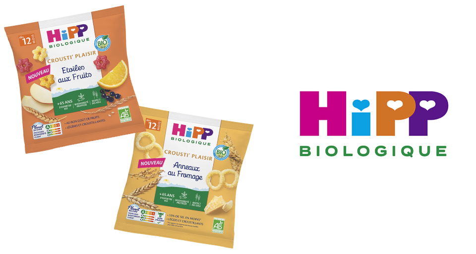 Deux emballages alimentaires Hipp Biologique sont présentés, l'un avec des fruits et l'autre avec du fromage, tous deux étiquetés comme convenant aux 12 mois et plus.