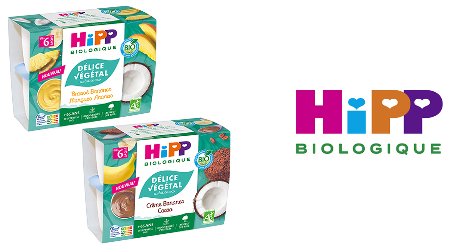 Deux boîtes de produits Hipp Biologique sont présentées, l'une avec un arôme de banane et de mangue et l'autre avec un arôme de banane et de cacao.