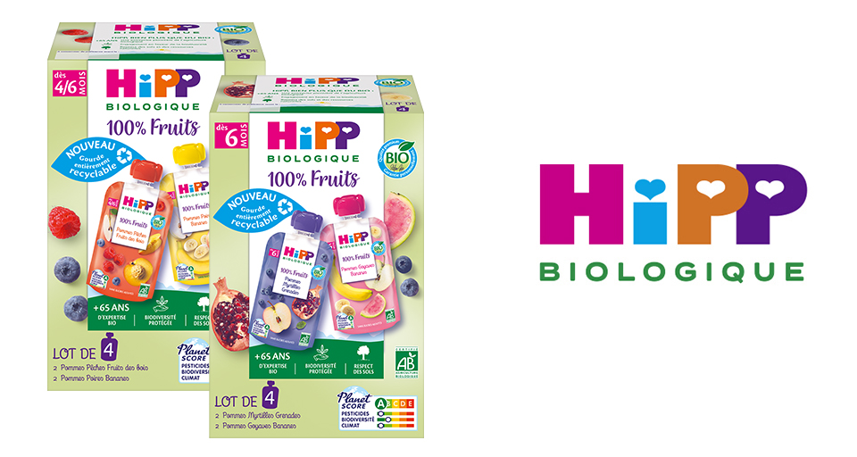 Emballage d'un produit nommé "HiPP Biologique" avec une variété d'arômes de fruits, et l'emballage souligne qu'il est 100% fruits, convient aux âges de 4/6 mois et 6 mois, et est recyclable.
