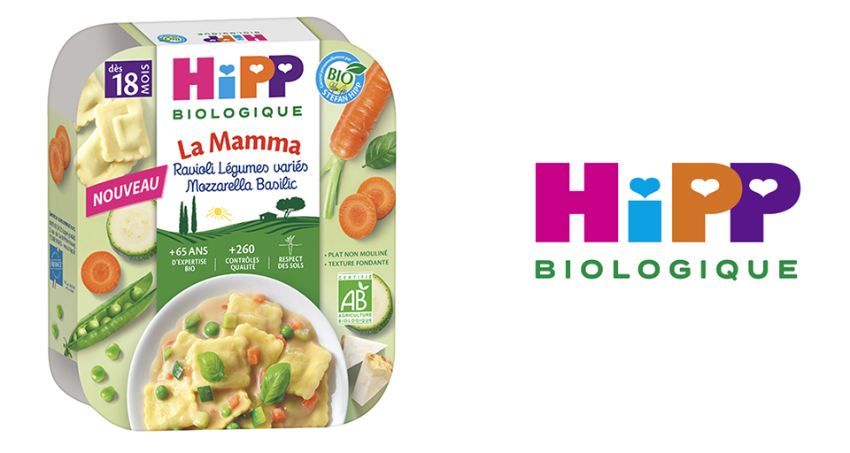 Un produit alimentaire emballé étiqueté "Hipp Biologique" avec un plat appelé "La Mamma" comprenant des légumes et un logo indiquant qu'il s'agit d'un produit biologique.