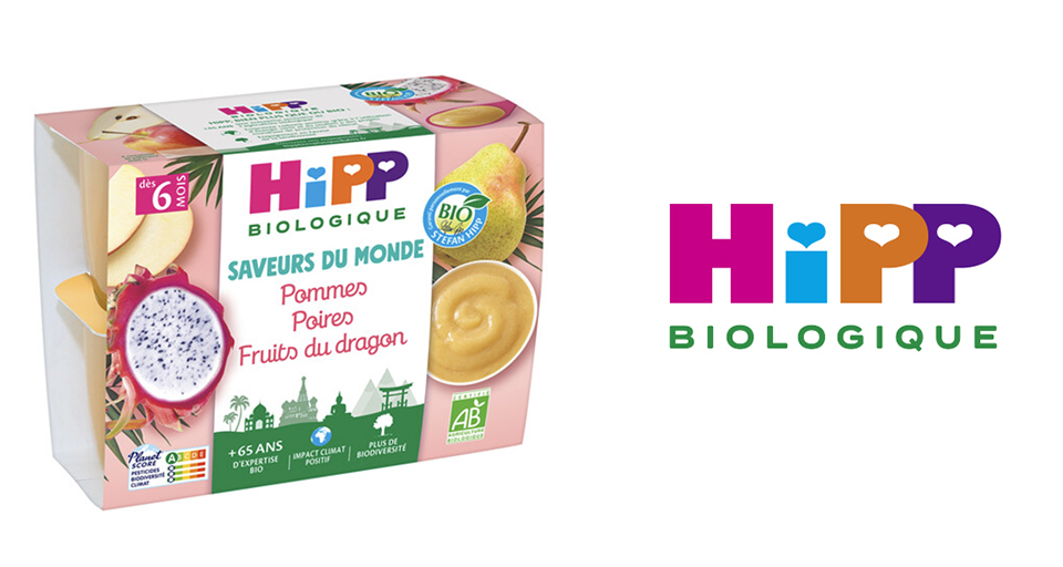 Emballage d'un produit alimentaire étiqueté "Hipp Biologique", mettant l'accent sur les ingrédients biologiques et naturels, comme l'indiquent la présence de divers fruits et le label "BIO".