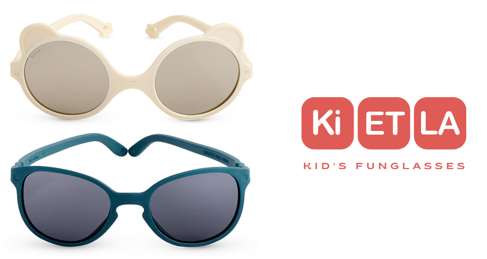 Deux paires de lunettes de soleil sont exposées à côté de la marque "KETLA" et de la description du produit "KID'S FUNGLASSES".