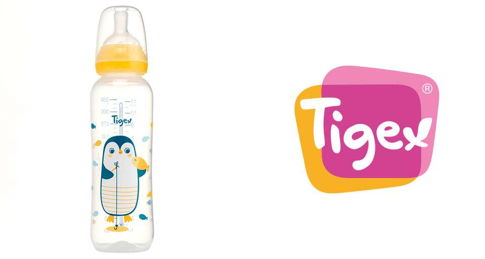 Un biberon avec une illustration de pingouin et un logo Tigex.