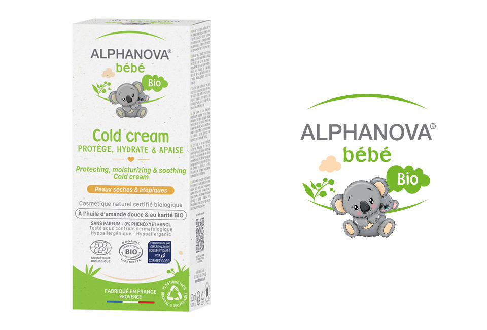 Un emballage de produit pour une crème froide avec une illustration d'un koala, et le texte indique qu'il s'agit d'un produit bio fabriqué en France.