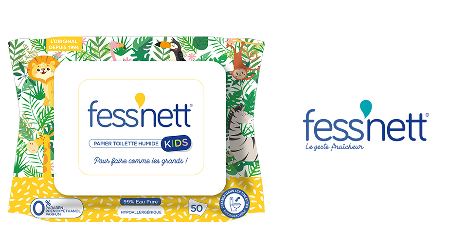 Un emballage de produit pour le papier toilette Fessnett Kids, avec un design sur le thème de la jungle, et comprenant le nom de la marque, le type de produit et la quantité.