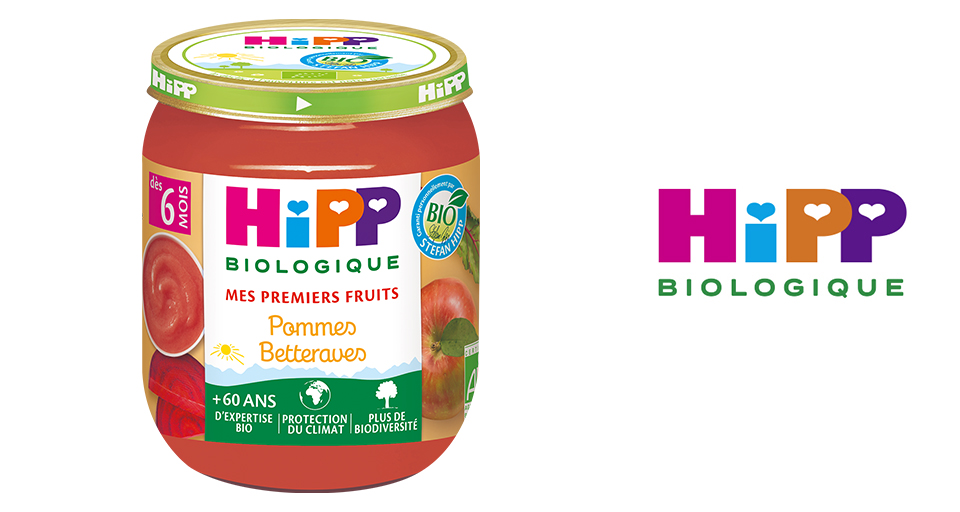 Un pot d'aliments pour bébés Hipp Biologique, dont l'étiquette est rédigée en français et représente une purée de fruits rouges, est présenté à côté du logo Hipp Biologique.
