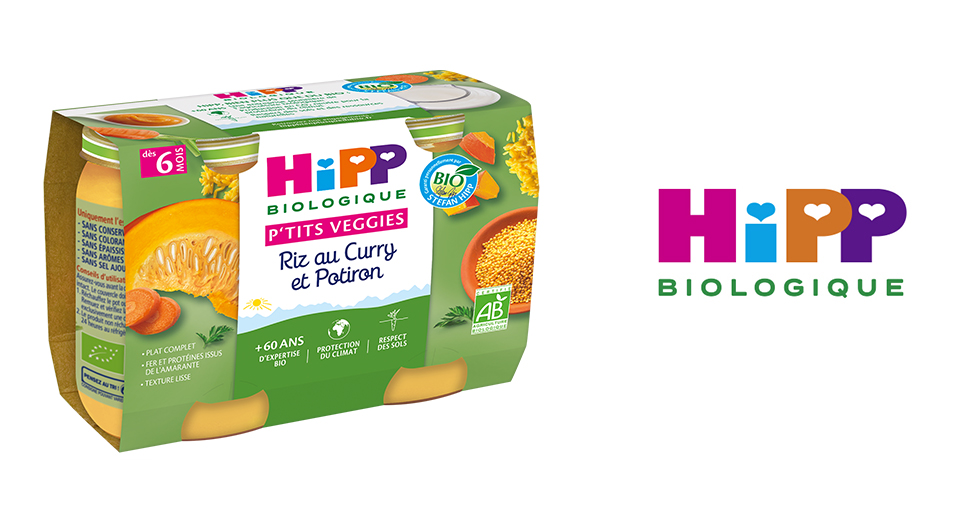 Emballage d'un produit alimentaire portant la marque "HiPP Biologique" et décrit comme "P'tits Veggies Riz au Curry et Petron".