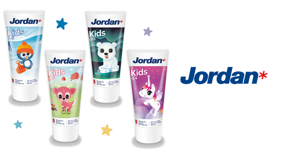 Quatre tubes de dentifrice Jordan Kids avec des dessins d'animaux distincts sur leurs étiquettes.