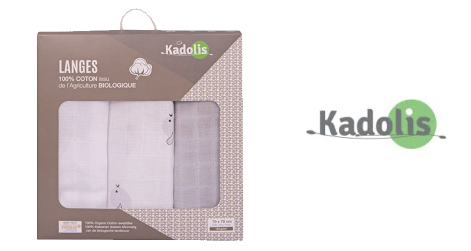Un emballage de produit pour les "Langes" de Kadolis, qui sont des langes en coton 100% biologique.
