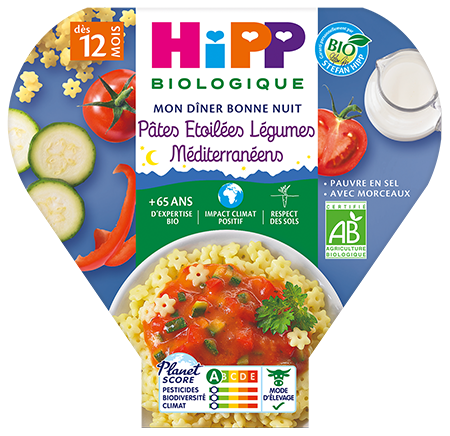 Un produit alimentaire emballé avec une étiquette en français, comportant une illustration colorée de légumes et d'un plat, ainsi que divers éléments textuels indiquant la nature biologique du produit, les informations nutritionnelles et la marque.