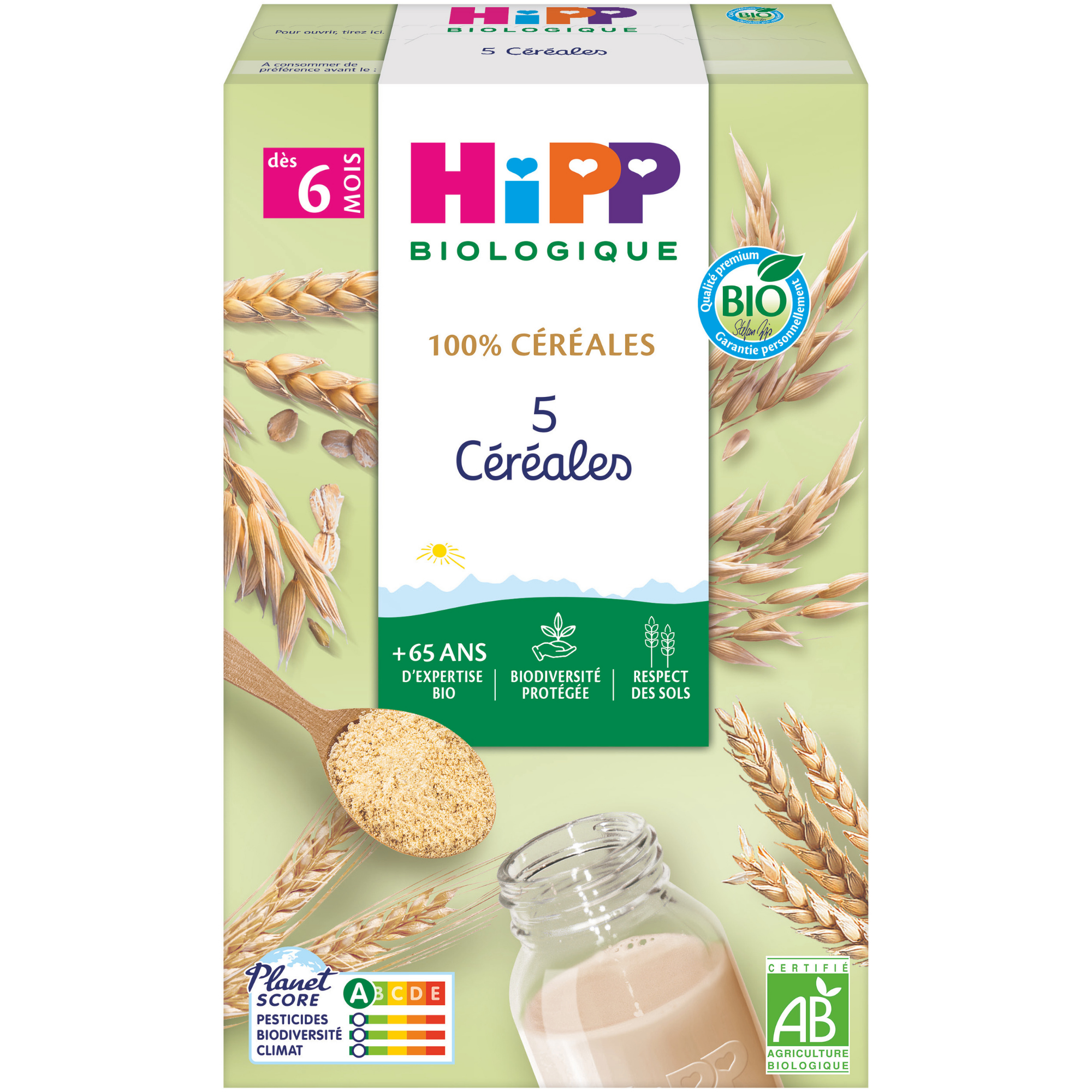 Une boîte de céréales biologiques pour bébés qui met l'accent sur sa teneur en céréales à 100 %, qui convient aux bébés de plus de 6 mois et qui comporte une note Planète indiquant son impact sur l'environnement.