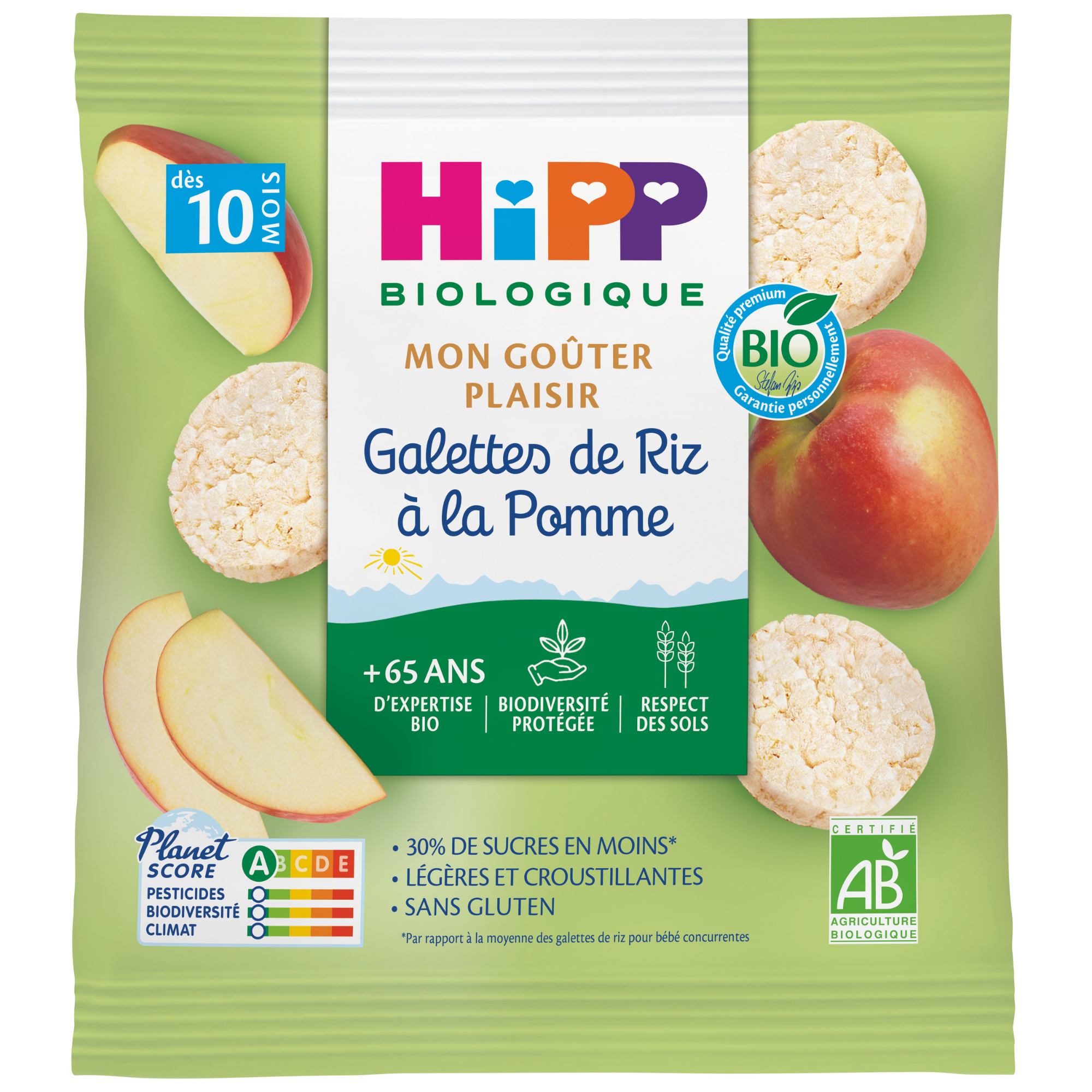Emballage d'un produit alimentaire étiqueté "Hipp Biologique", qui met l'accent sur les ingrédients biologiques et naturels, comme l'indiquent la présence de la certification "BIO" et le Planet Score.