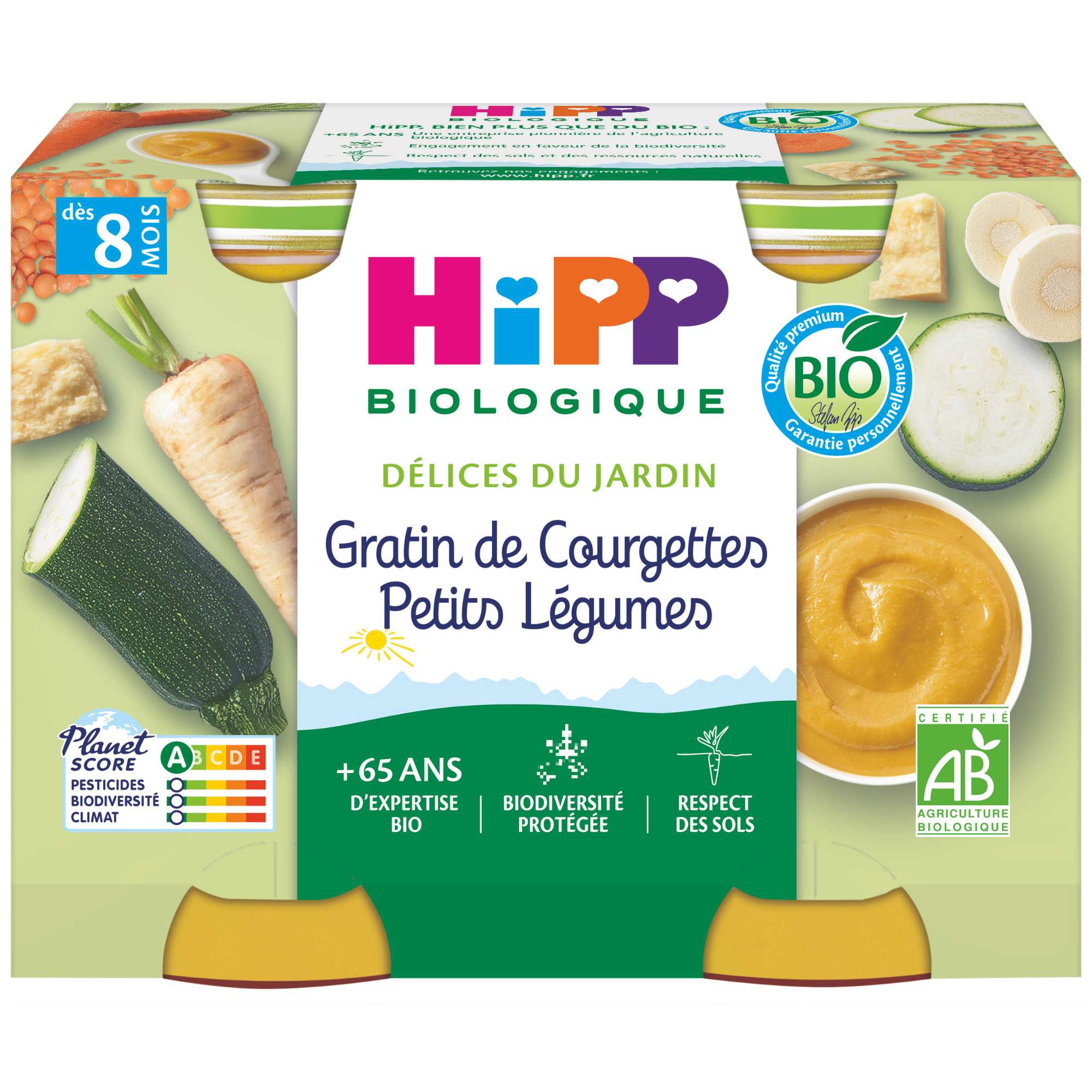 Emballage d'un produit alimentaire portant la marque "HiPP Biologique", une étiquette indiquant qu'il s'agit d'un produit biologique et une représentation de divers légumes.