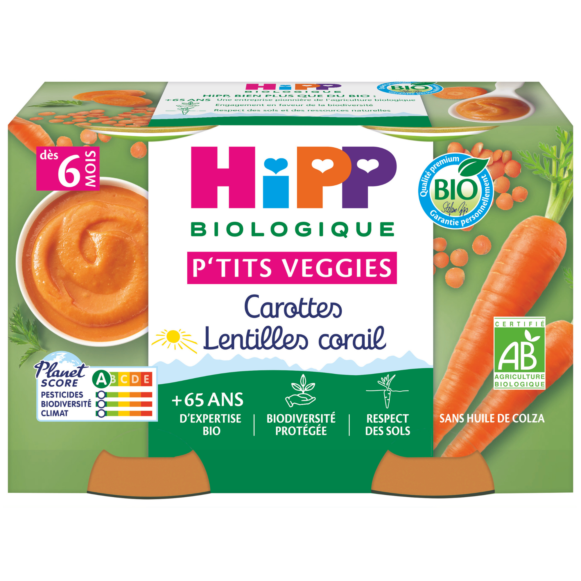 Un produit alimentaire emballé qui met l'accent sur les ingrédients biologiques et naturels, en particulier un mélange de carottes et de lentilles.