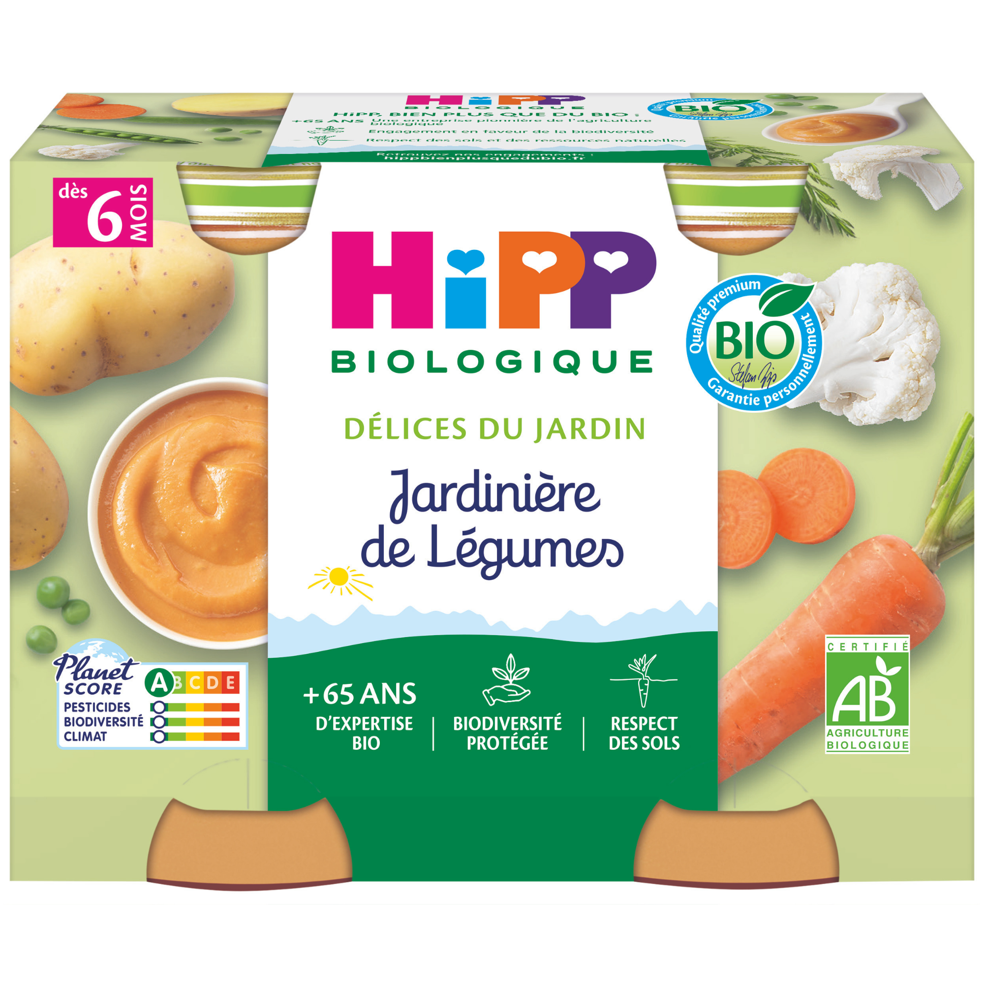 Emballage d'un produit alimentaire pour bébés sur le thème des légumes, avec une variété de légumes et une texture de smoothie, et étiqueté comme biologique.