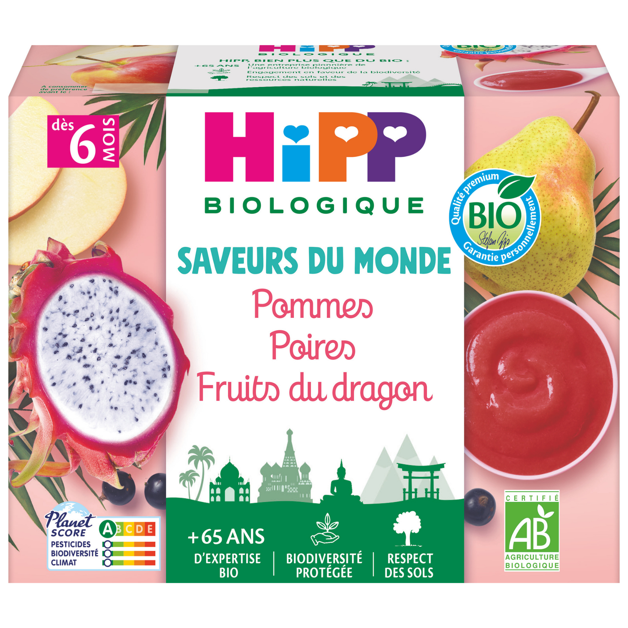 Emballage d'un produit alimentaire destiné à un public de 6 mois, contenant un mélange de fruits, dont des poires et des fruits du dragon, et étiqueté comme biologique.