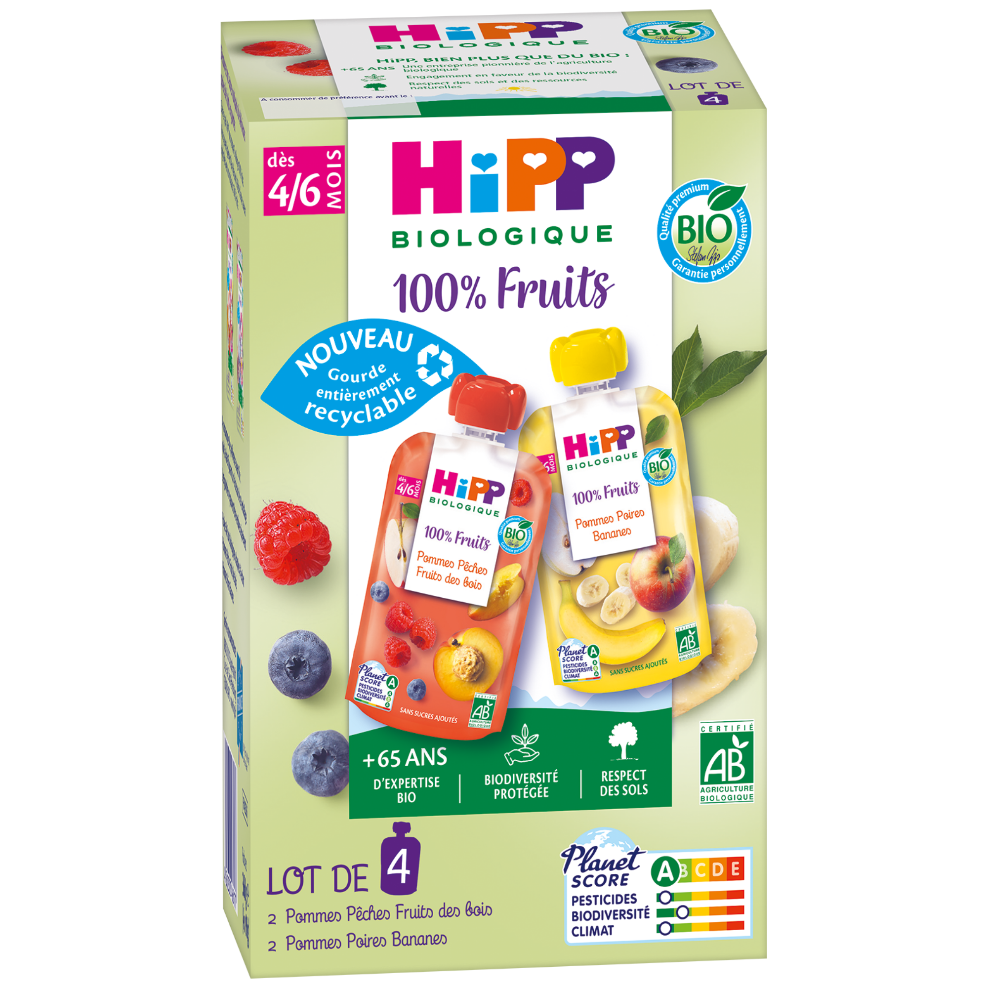 Une boîte de quatre sachets de fruits de la marque "HiPP", qui met l'accent sur les emballages biologiques et recyclables.