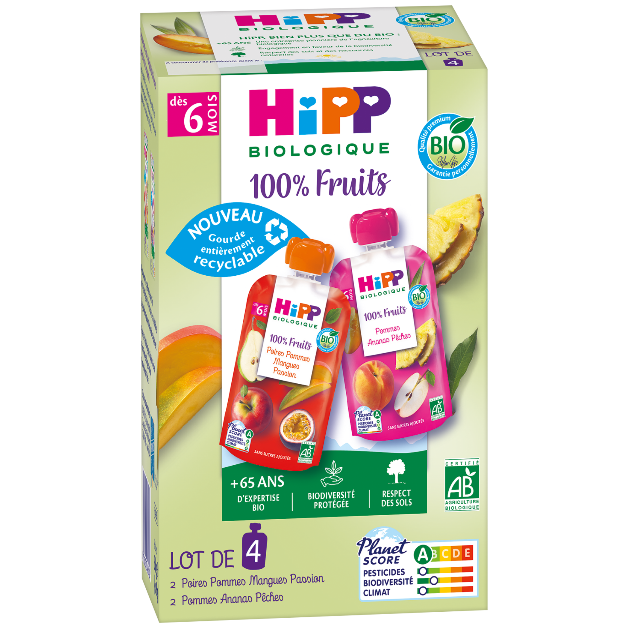 Une boîte de produit pour une marque appelée "HiPP", qui propose des purées de fruits à 100 % pour les bébés âgés de 6 mois et plus. La boîte met en avant la nature biologique du produit, en mettant l'accent sur le recyclage, et présente une variété d'arômes de fruits.
