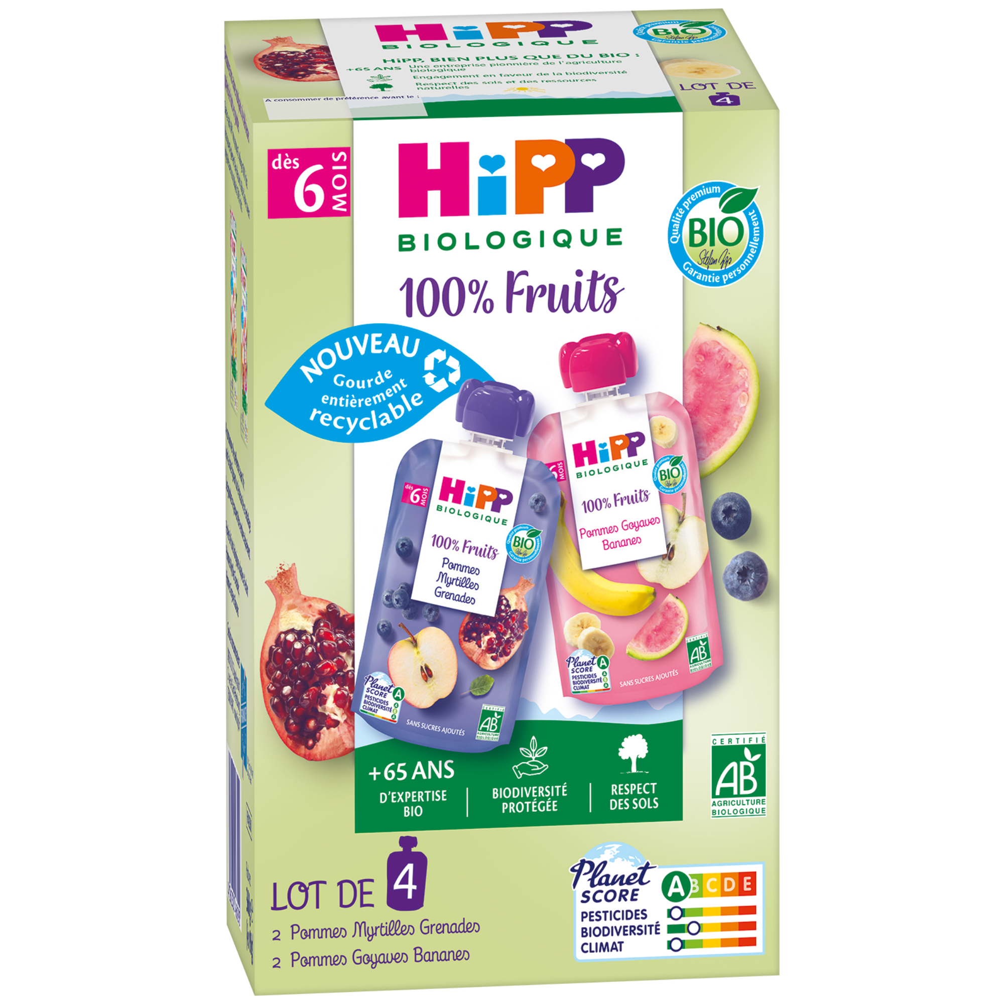 Une boîte de quatre sachets de purée de fruits de la marque "HiPP", qui privilégie les emballages biologiques et recyclables.