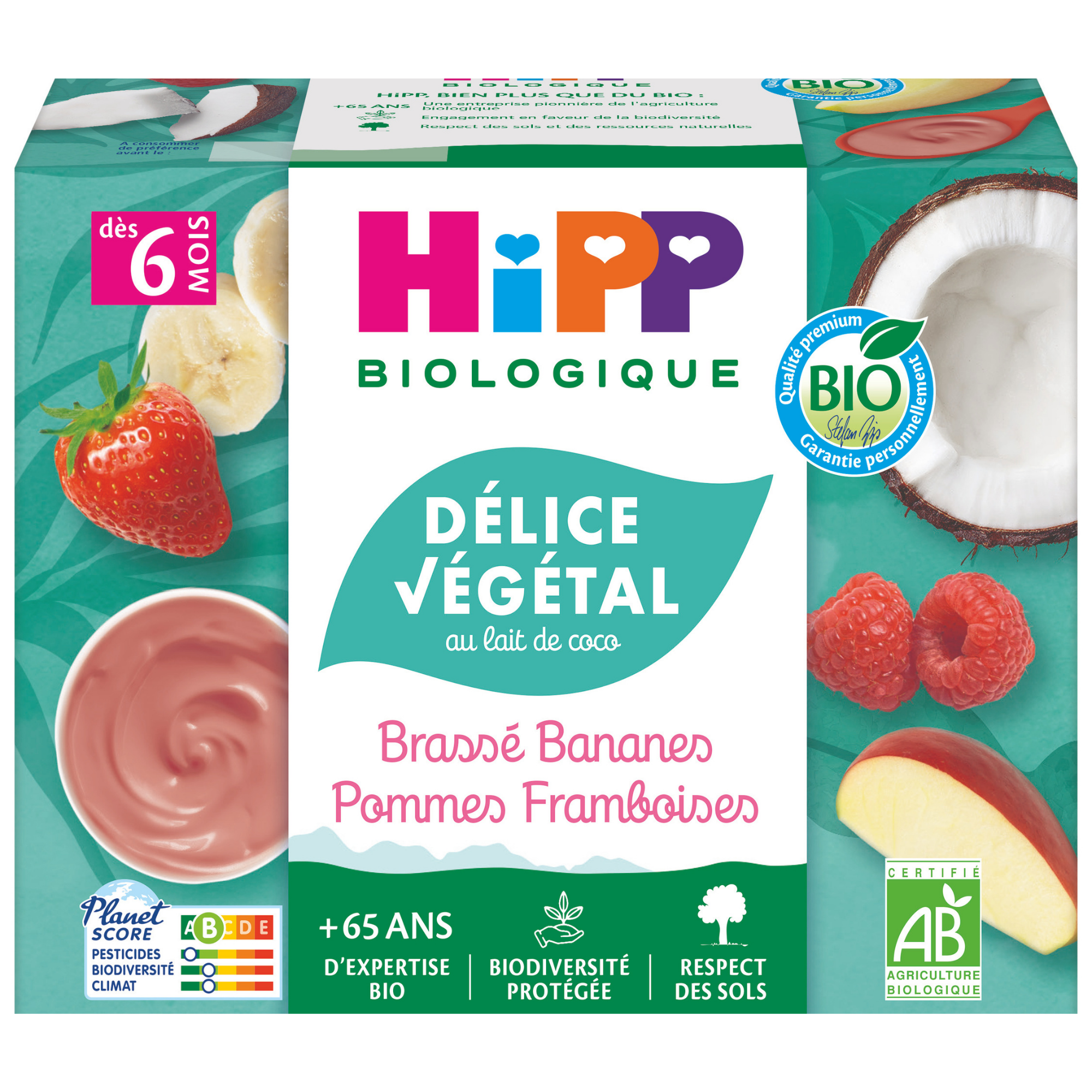 Un emballage de produit pour une denrée alimentaire étiquetée "Hipp Biologique", qui est un délice végétal au lait de coco, contenant des arômes de banane, de pomme et de framboise.