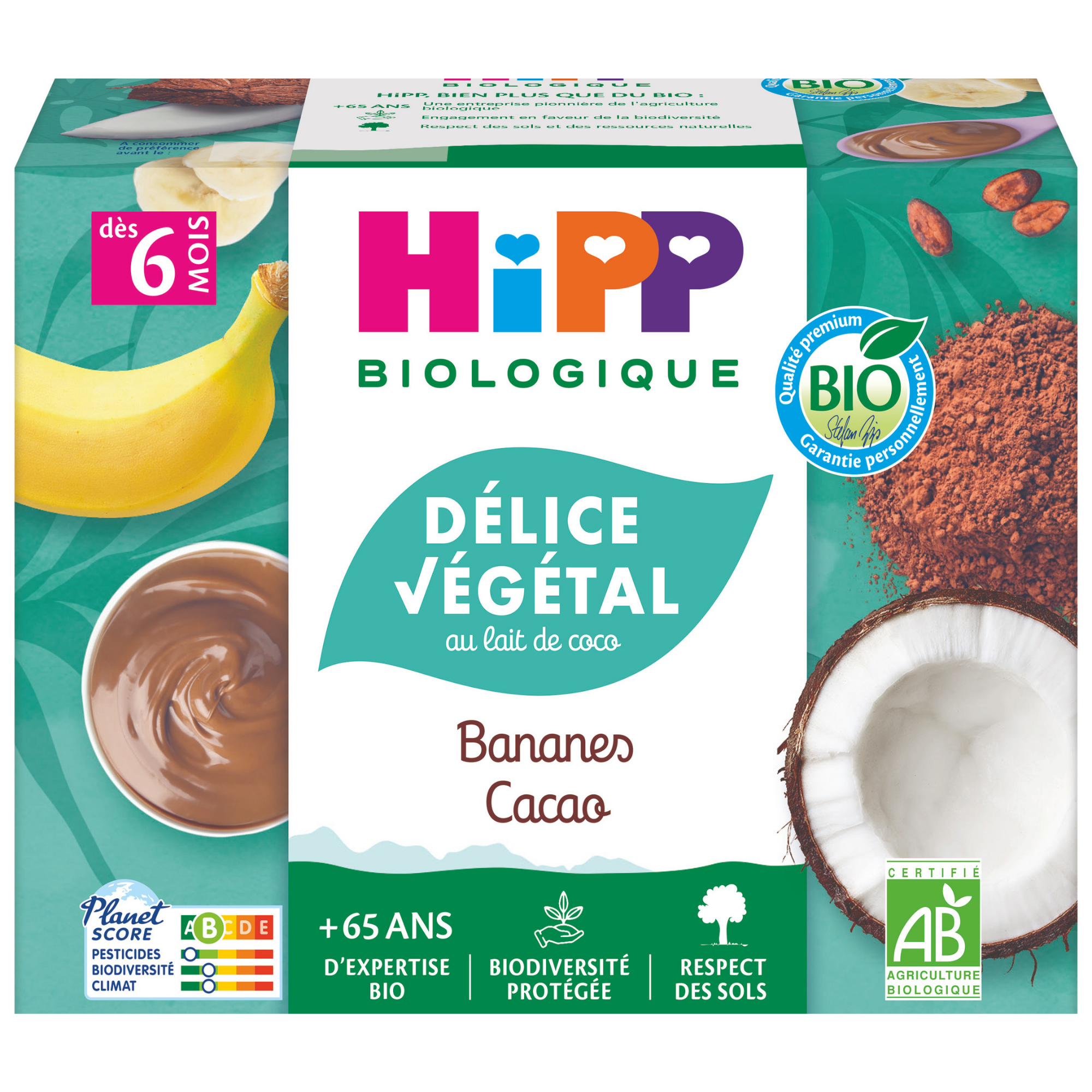 L'emballage d'un produit alimentaire étiqueté "Hipp Biologique", qui est une friandise végétale à base de cacao, destinée aux personnes âgées de plus de 6 mois.