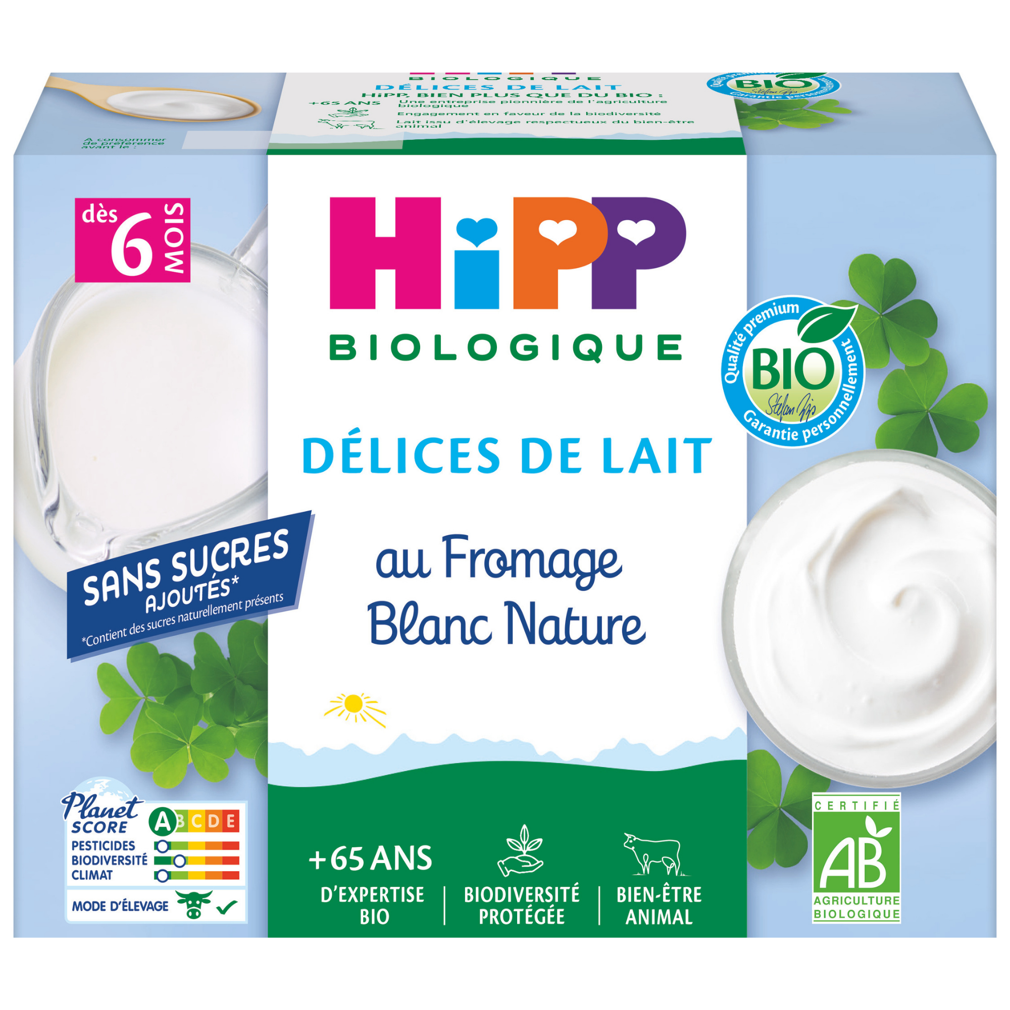 L'emballage d'un produit alimentaire étiqueté "Hipp Biologique", qui semble être un produit laitier pour les nourrissons âgés de 6 mois et plus, ne contenant pas de sucres ajoutés et certifié biologique.