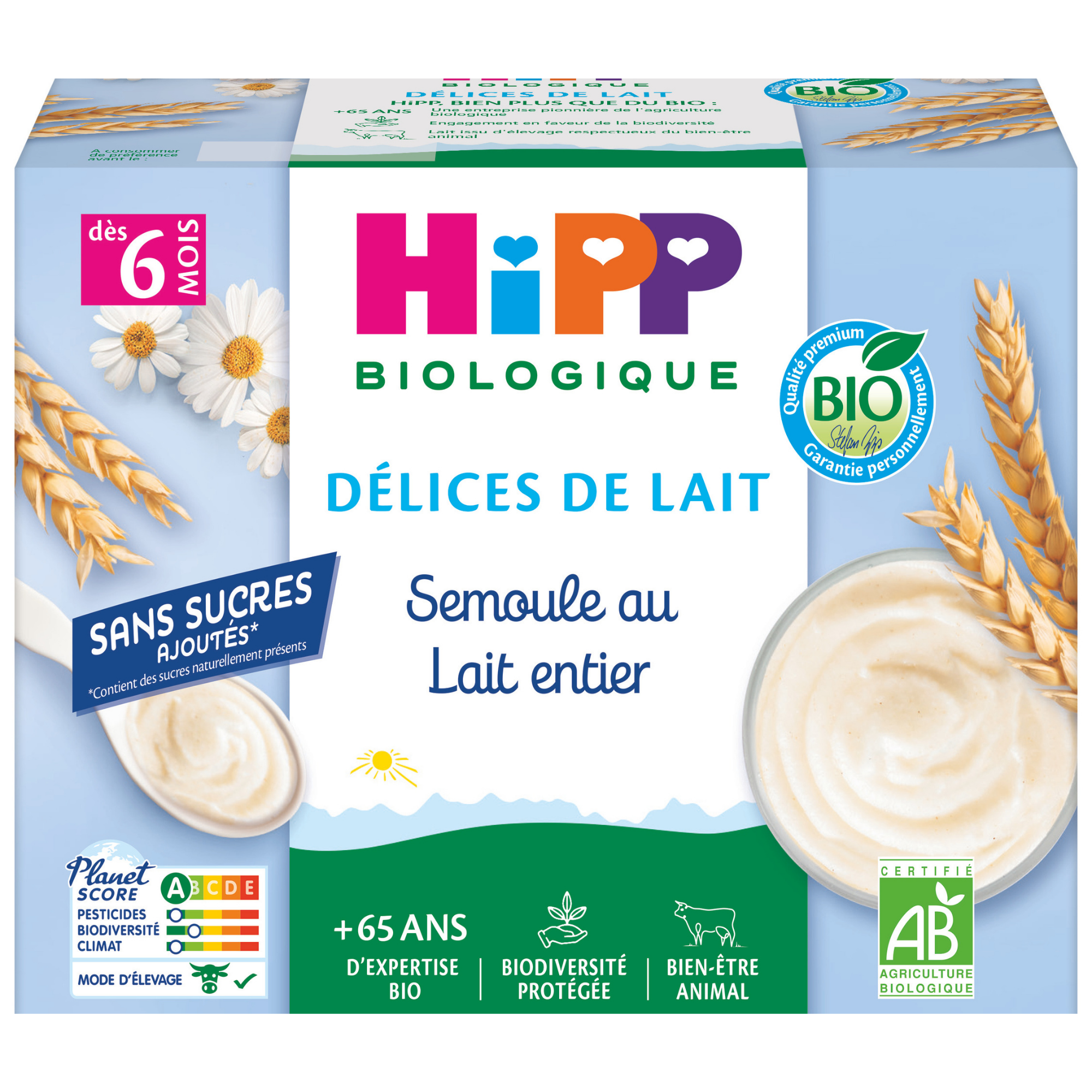 Un emballage de produit pour une marque d'aliments pour bébés appelée "Hipp Biologique". Il s'agit d'un aliment pour bébés de stade 6, plus précisément d'un plat à base de semoule et de lait entier, et il est certifié biologique.