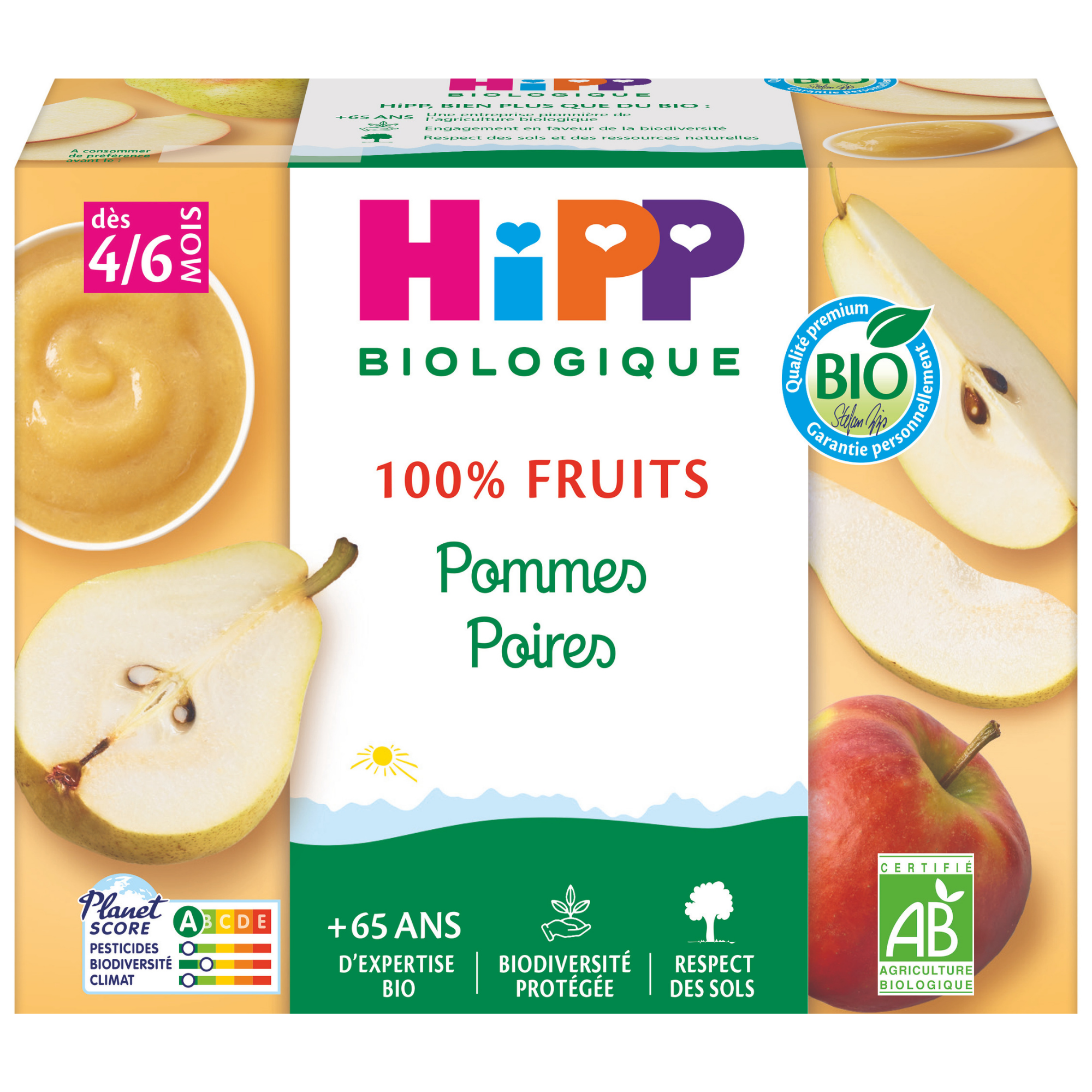 Emballage d'un produit alimentaire pour bébés aux saveurs de poire et de pomme, étiqueté comme biologique et convenant aux bébés âgés de 4 à 6 mois.