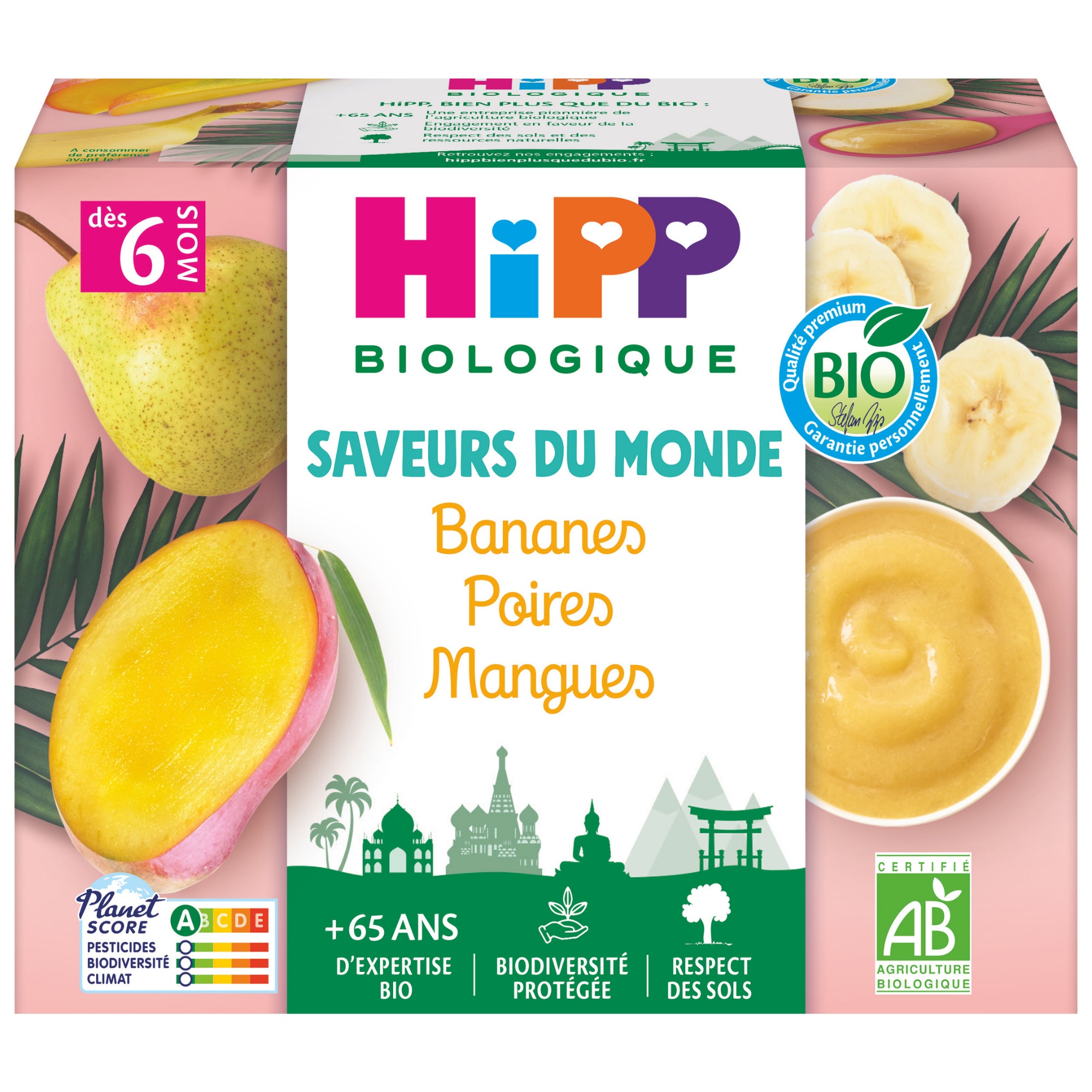 Un emballage de produit pour une marque d'aliments pour bébés appelée "HiPP Biologique", qui est un mélange de bananes, de poires et de mangues. L'emballage met l'accent sur la qualité biologique et le produit convient aux bébés âgés de 6 mois et plus.
