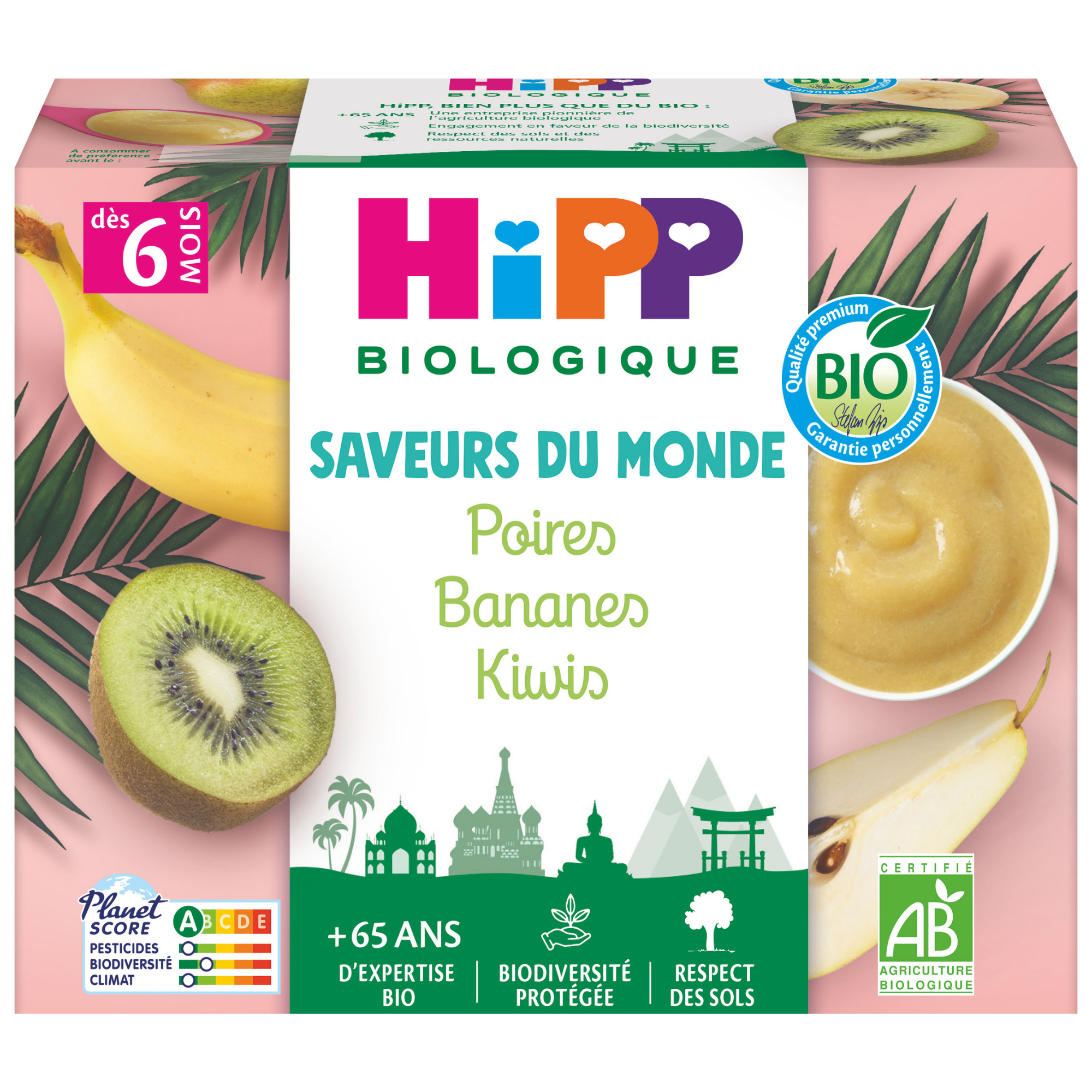 Emballage d'un produit alimentaire pour bébés portant la marque "Hipp Biologique", indiquant qu'il s'agit d'un produit biologique. Le produit est un mélange de bananes et de kiwis, adapté aux bébés âgés de 6 mois et plus.