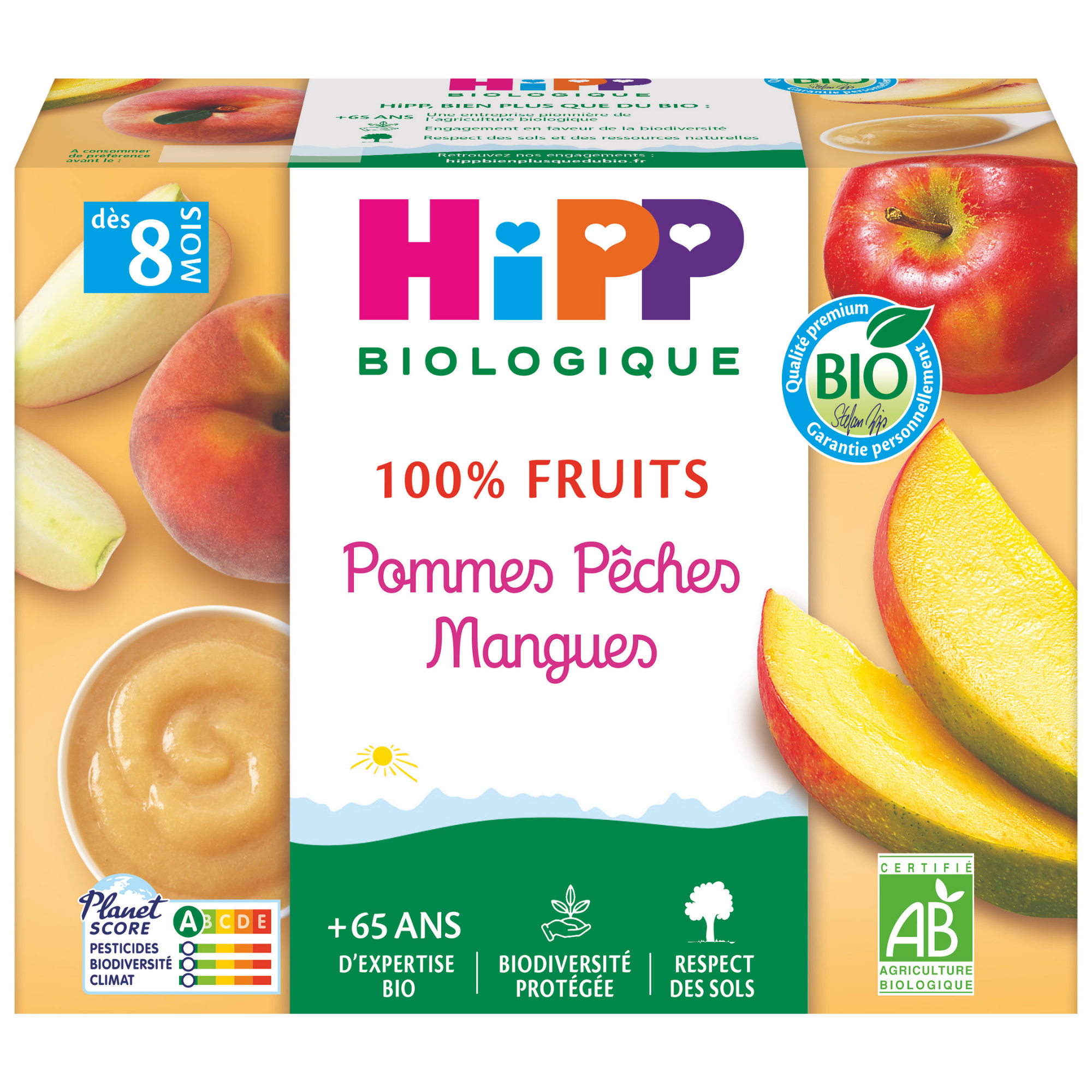 Un emballage de produit pour une marque d'aliments pour bébés appelée "HiPP Biologique", qui est un produit à base de fruits pour les bébés âgés de 8 mois et plus.