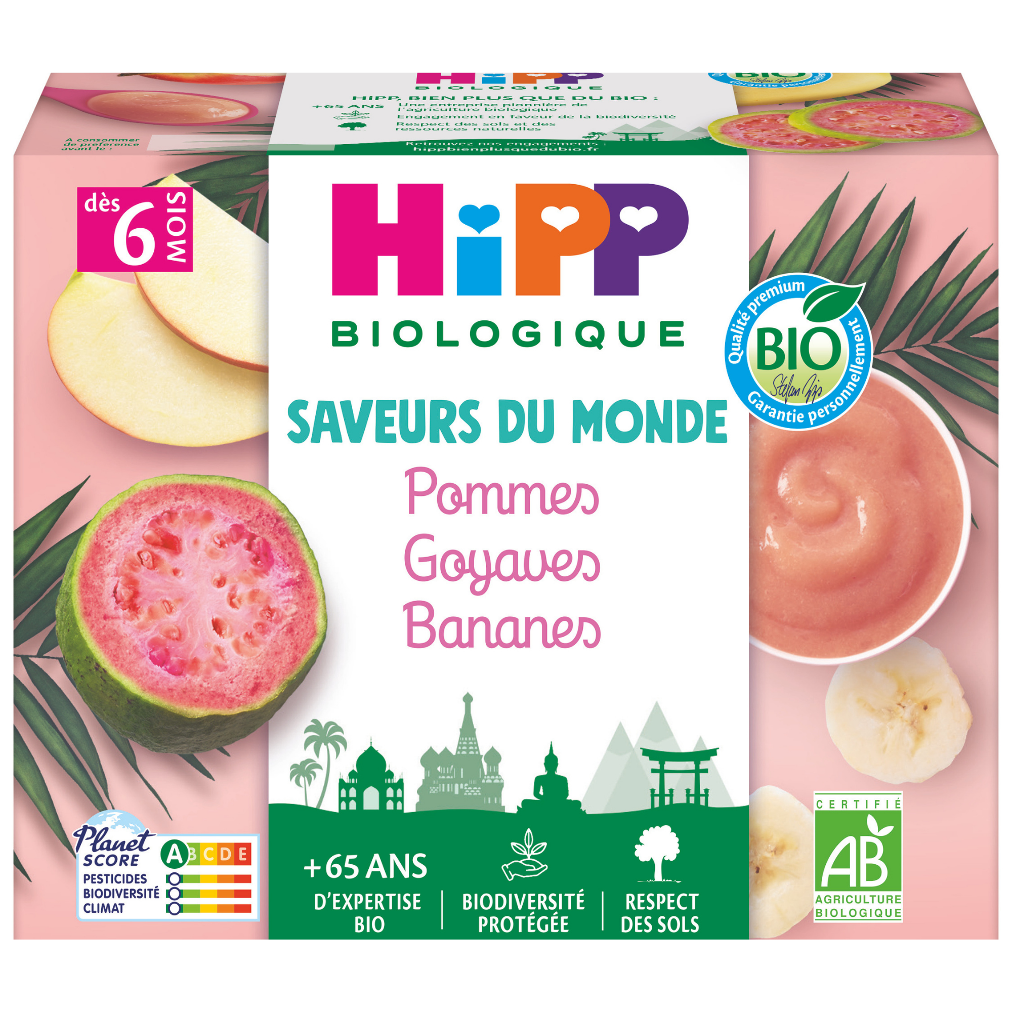 Emballage d'un produit alimentaire pour bébé qui met l'accent sur les ingrédients biologiques, avec des pommes, des goyaves et des bananes.