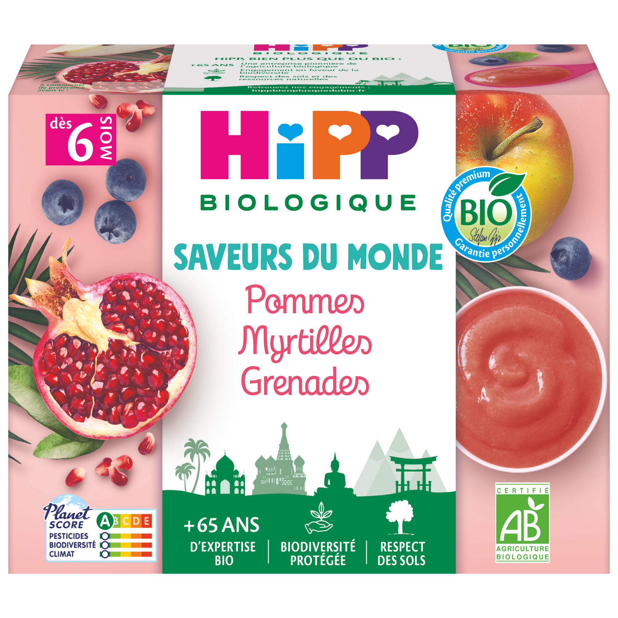 Emballage d'un produit alimentaire pour bébé qui met l'accent sur les ingrédients biologiques, avec une grenade, des myrtilles (bleuets) et des grenades (raisins).