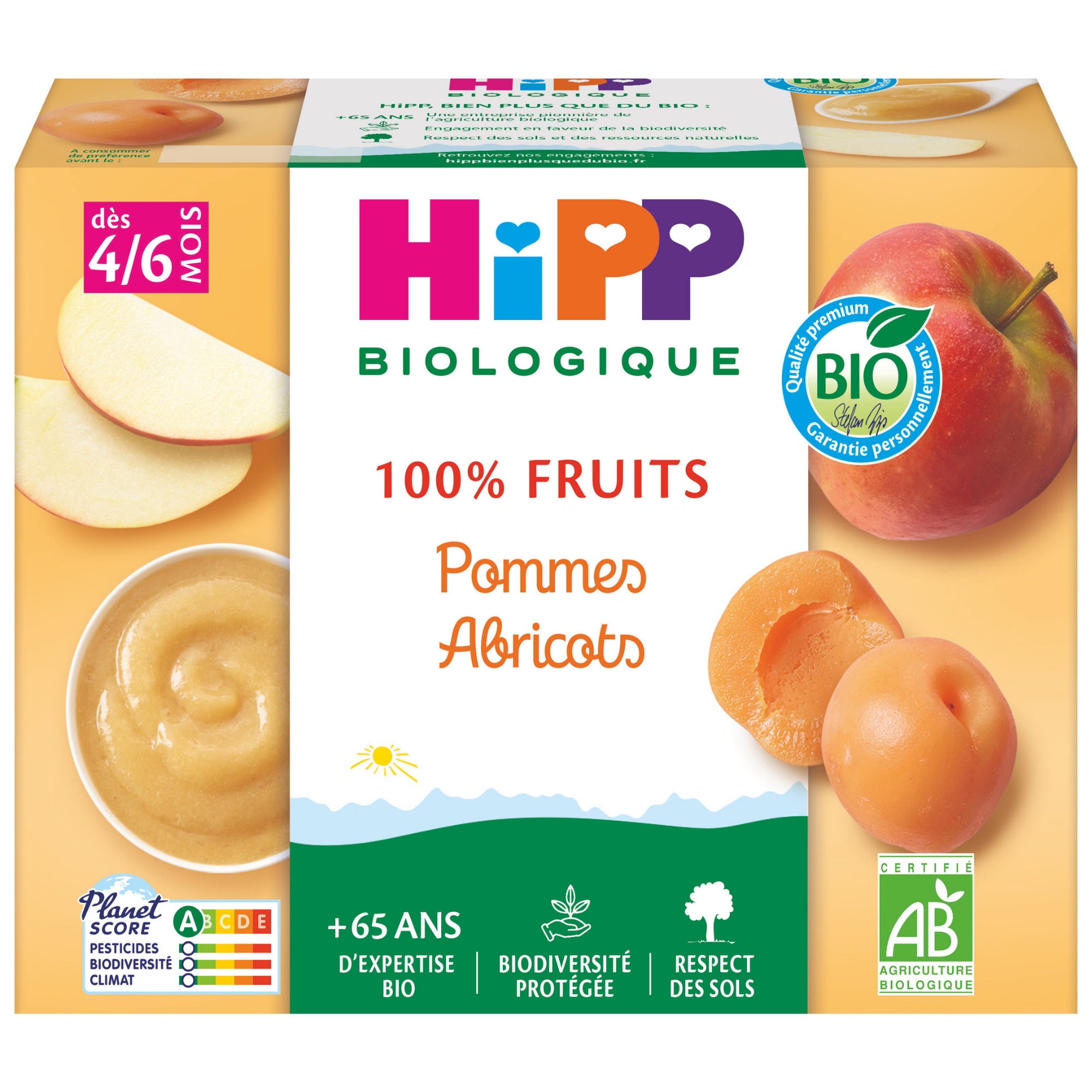Emballage d'un aliment pour bébés portant la marque "Hipp Biologique", indiquant qu'il s'agit d'un produit biologique. Le produit est une purée de fruits, en particulier d'abricots, et convient aux bébés âgés de 4 à 6 mois.