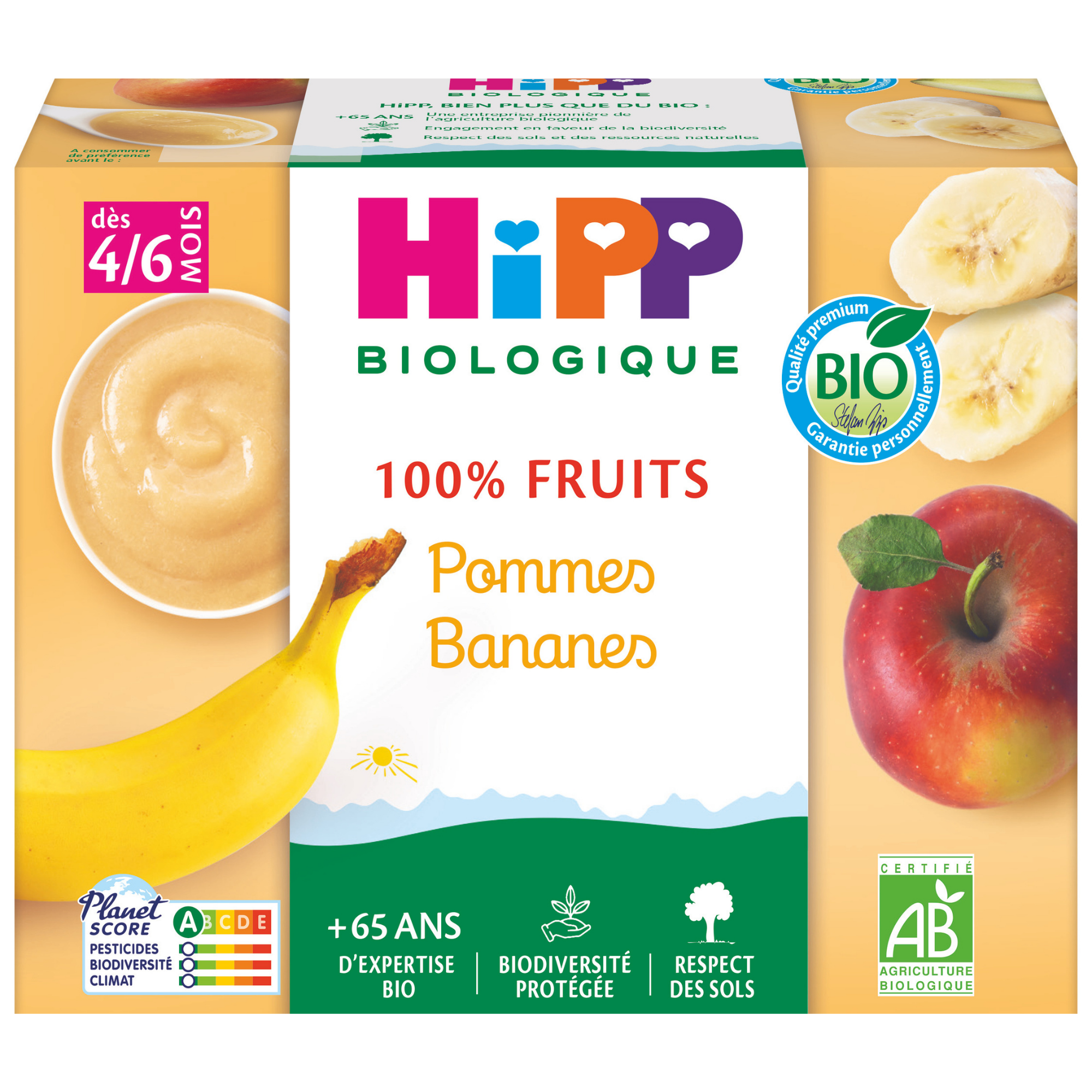 L'emballage d'un produit alimentaire pour bébés qui met l'accent sur les ingrédients biologiques et naturels, en particulier un mélange de pommes et de bananes.
