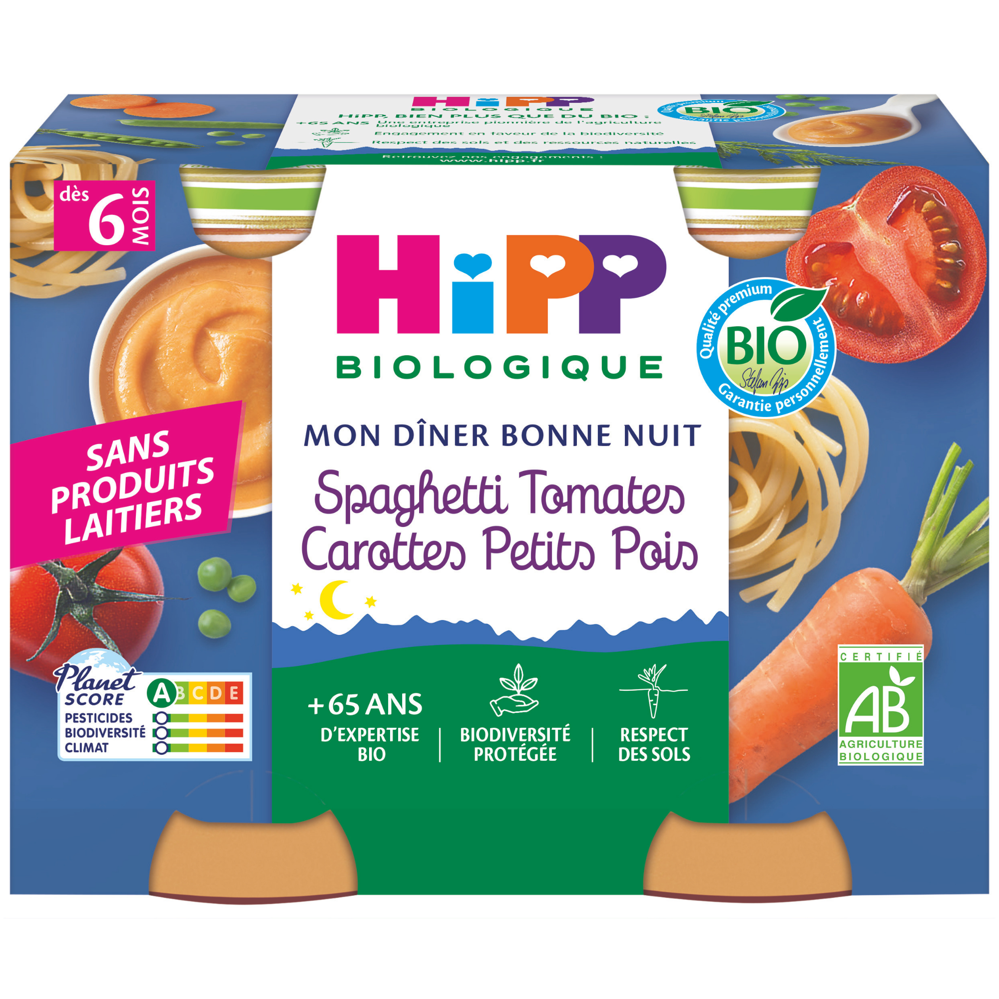 Emballage d'un produit alimentaire pour bébés avec les détails suivants : un fond bleu, une étiquette avec le texte "Hipp Biologique", un nom de produit en français "Mon Diner Bonne Nuit Spaghetti Tomate Carottes Petits Pois", un badge de certification avec "BIO", et une étiquette Planet Score avec une note de ABCDE.