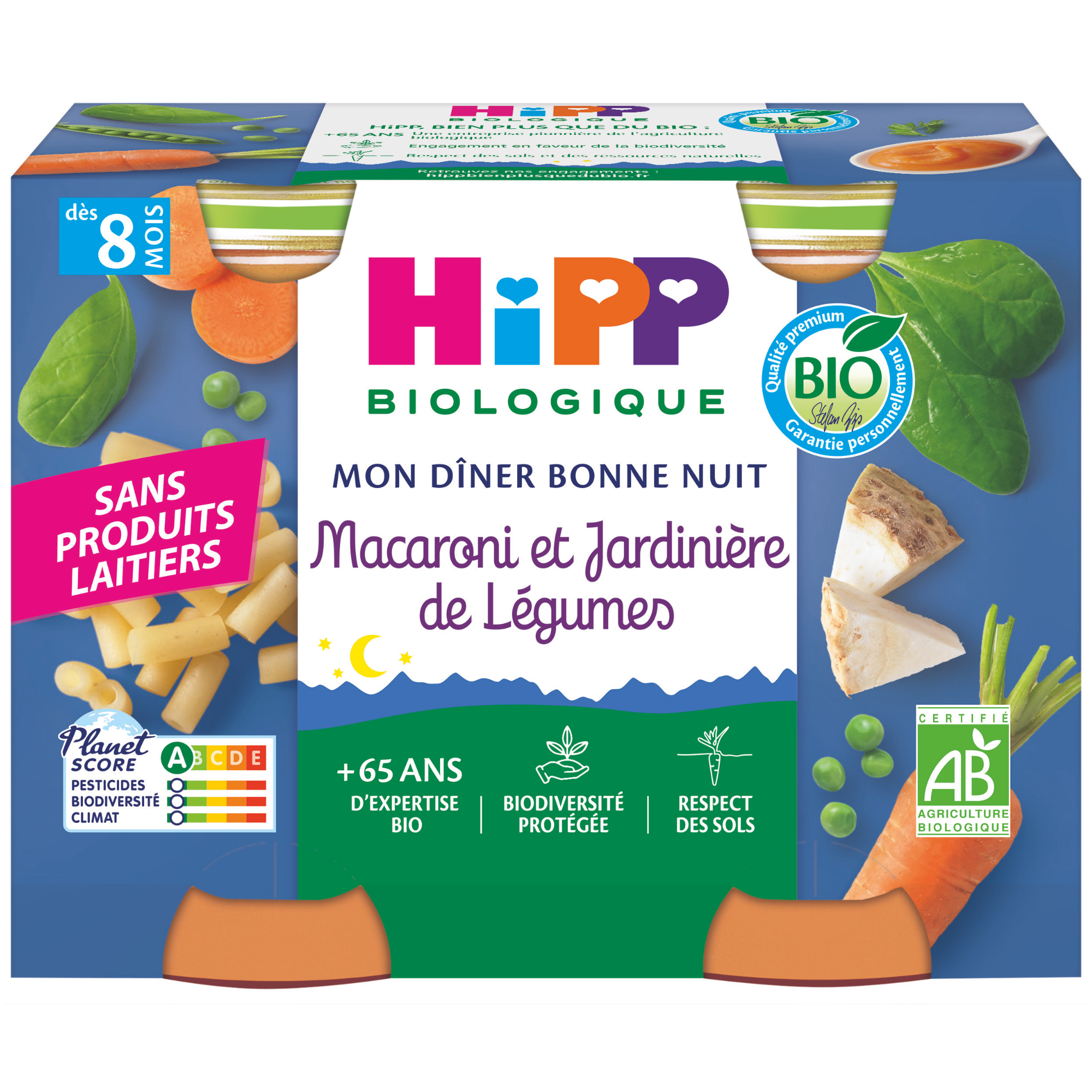 Emballage d'un produit alimentaire étiqueté "Hipp Biologique", qui est un mélange de macaronis et de pois de jardin, destiné aux bébés âgés de 8 mois et plus.